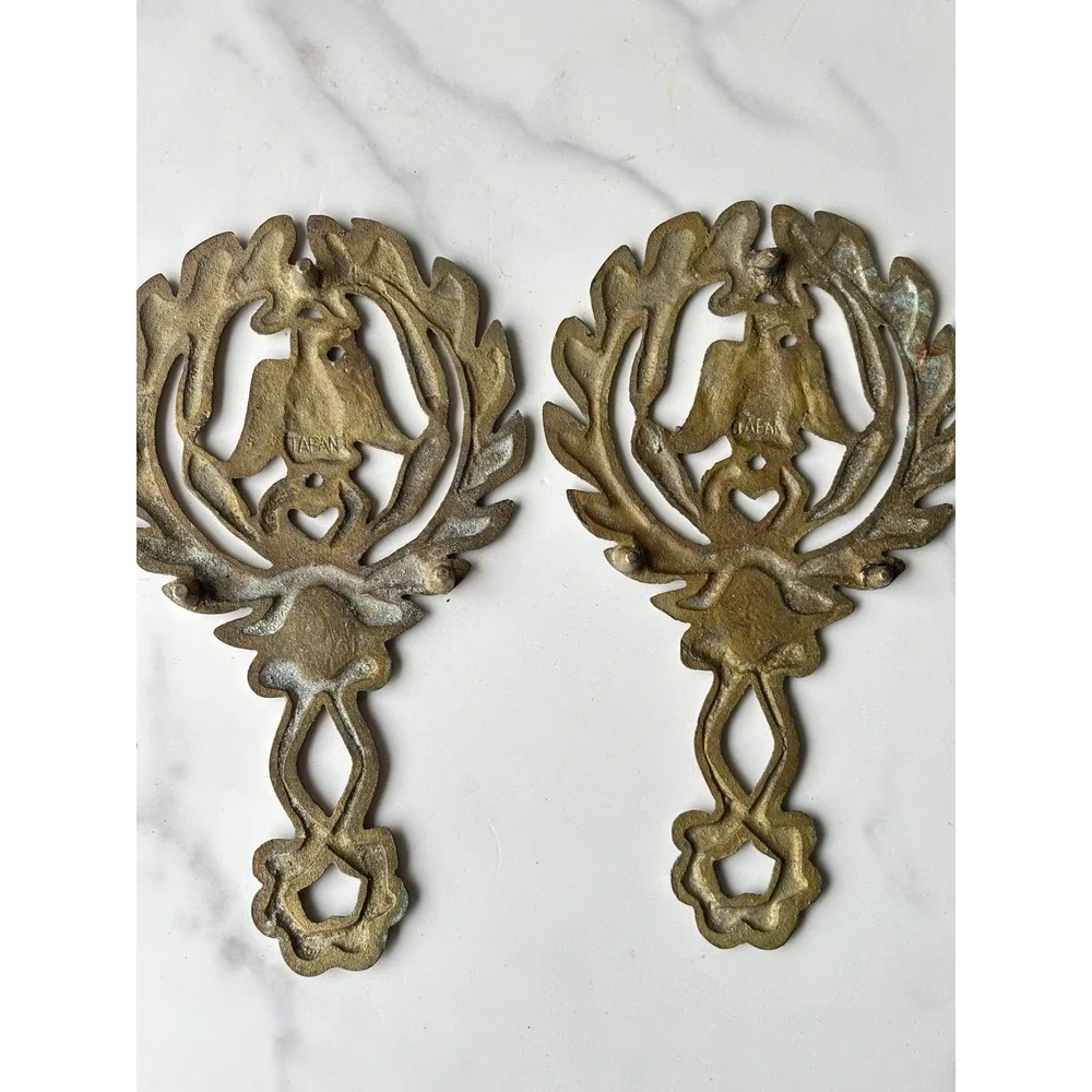 Vintage Brass Eagle Wreath Trivet Set of 2 Made in Japan Heart Detail 7